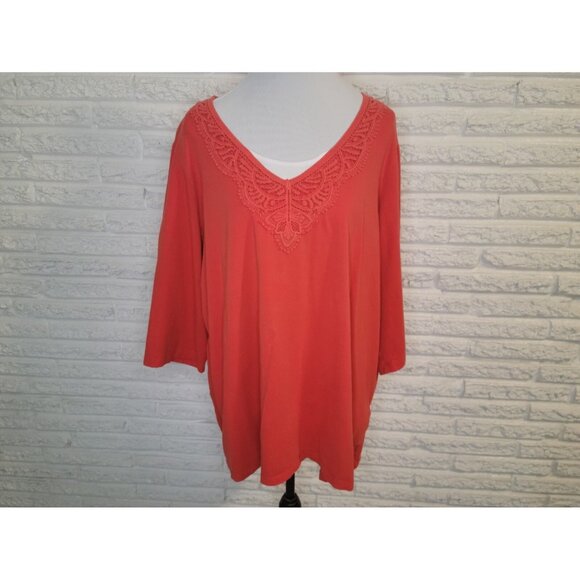 Catherines Womens Top 2X 22W 24W Plus 3/4 Sleeve Crochet Pullover Red RED26E - Picture 1 of 7
